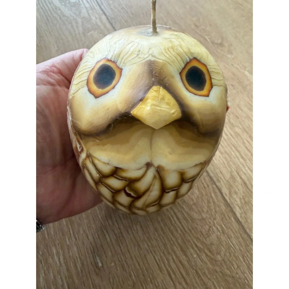 Vintage Hand Poured Wax Owl Candle Brown Marbled Woodland Decor 4 Inch